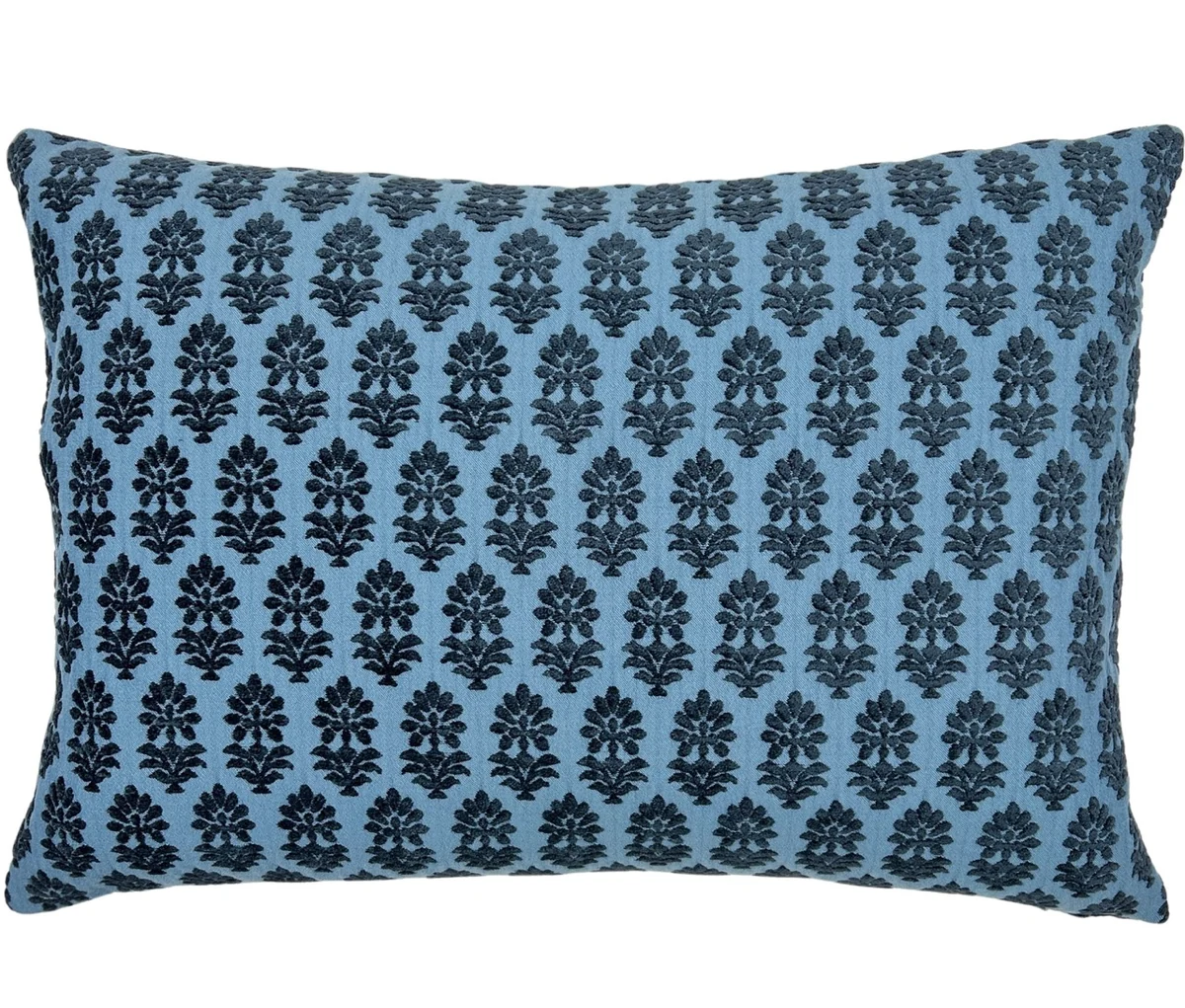 textured block print lumbar pillow in blue and navy
