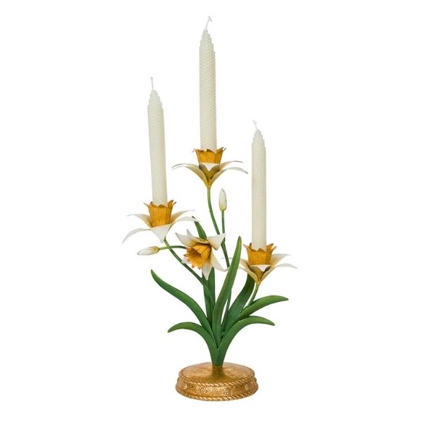 handpainted daffodil-shaped floral candelabra centerpiece for dining room tables or sideboards
