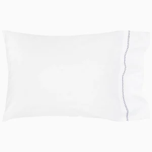 white pillowcase with navy hand embroidery