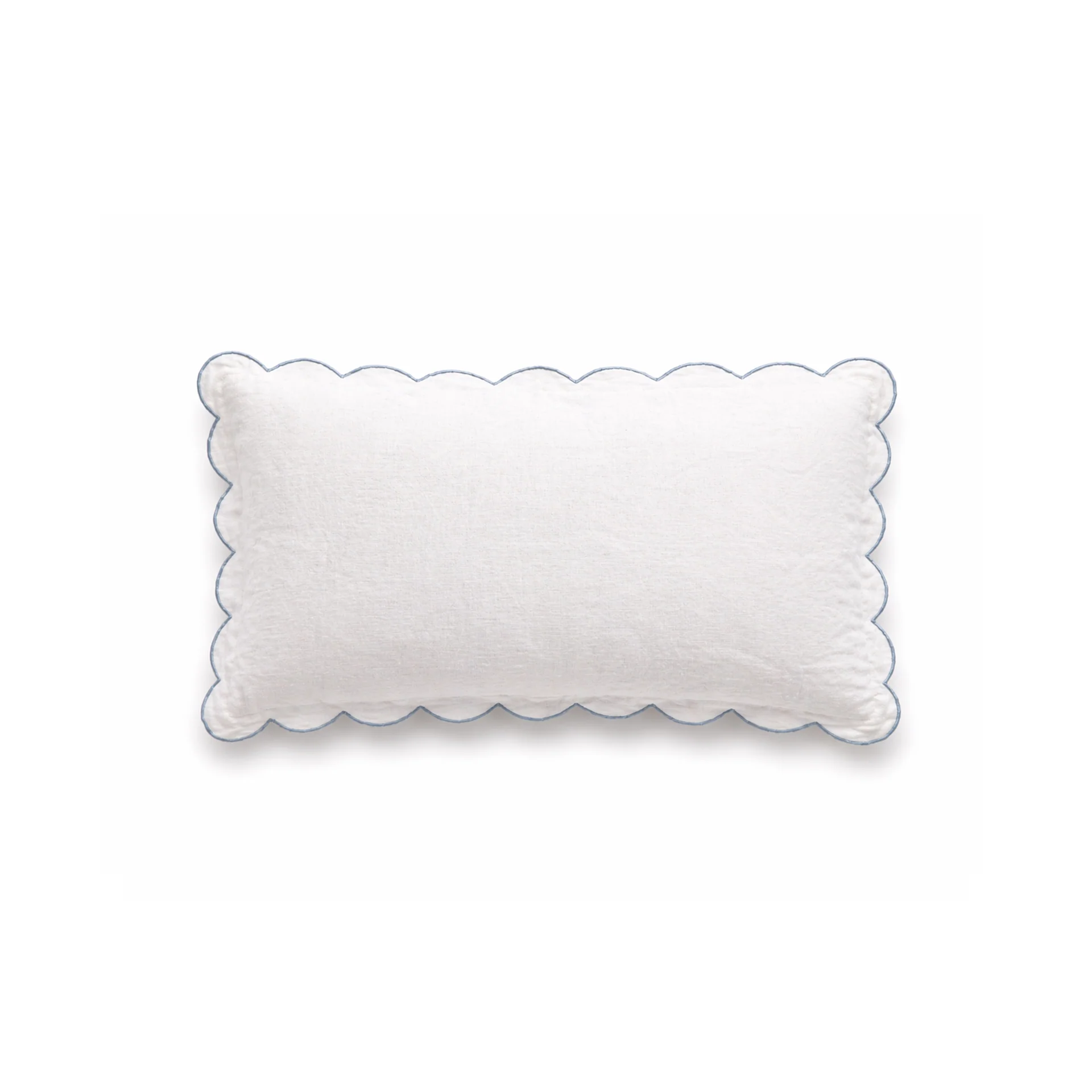 white linen scalloped decorative lumbar pillow with french blue edges