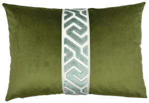 green velvet lumbar pillow with light blue velvet trim down the center