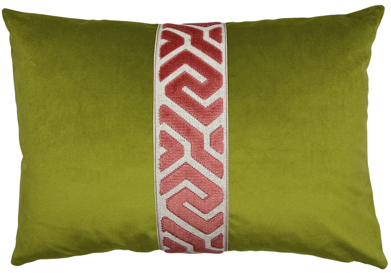 Olive green velvet lumbar pillow with a pink geometric embroidered center band