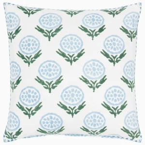 decorative pillow with a block printed floral in light blue