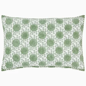 decorative green lumbar pillow with block printed rosettes and swirling vines