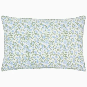 decorative lumbar pillow with block printed light blue flowers and green vines