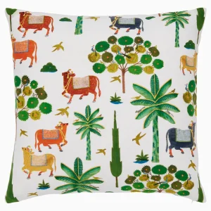 decorative pillow with painted and embroidered cows and palm trees