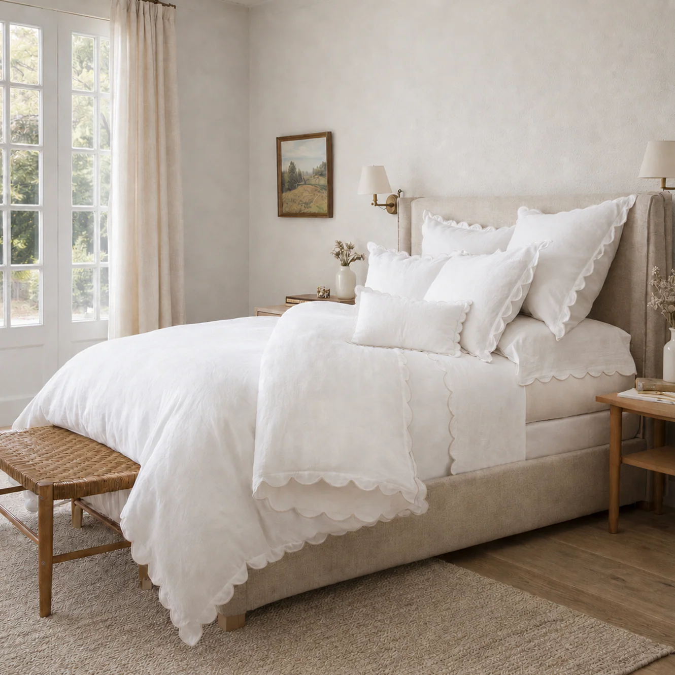 lifestyle image of white scalloped linen bedding