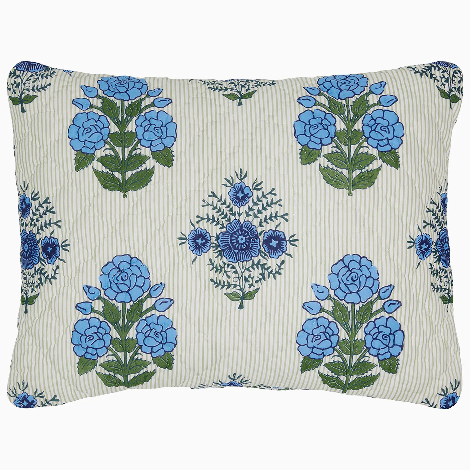 light green striped pillow sham with blue block print flowers