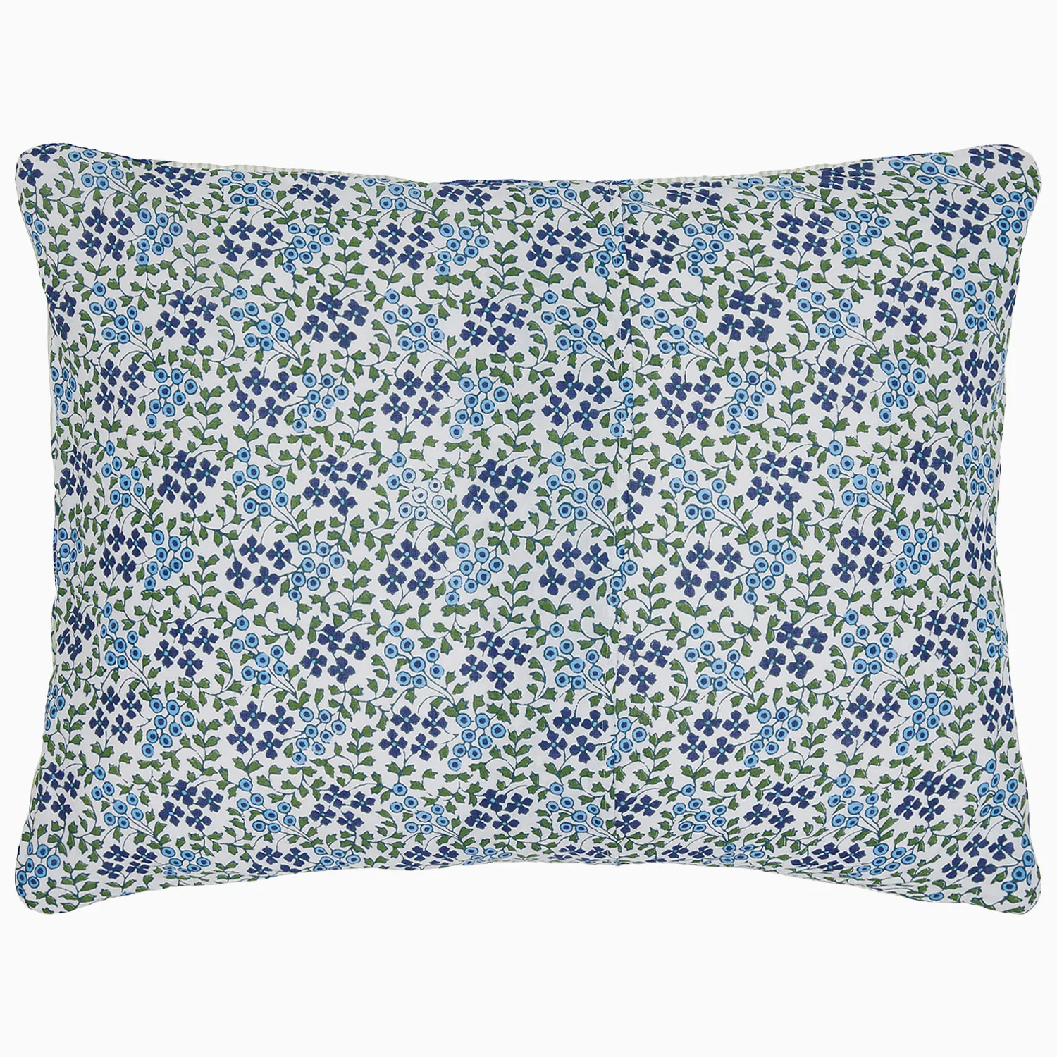 back of pillow sham with blue ditsy floral pattern
