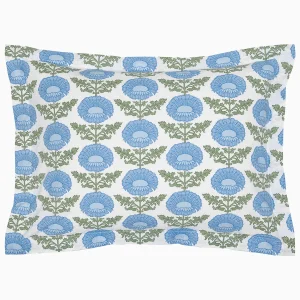 pillow sham with green and blue floral block print