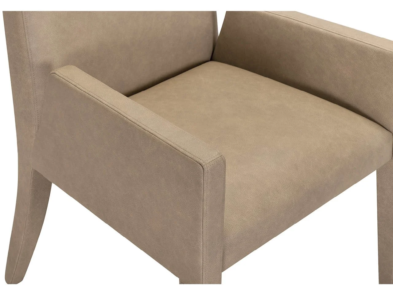 up close image of dining arm chair in light brown leather