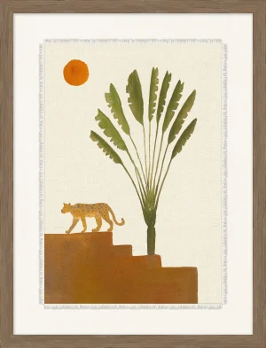 whimsical painting of a leopard with palm tree and orange moon, framed art