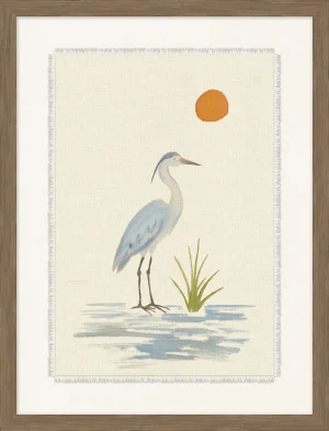 whimsical painting of a blue heron with orange moon, framed art