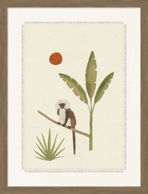 whimsical painting of a monkey on palm tree with orange moon, framed art