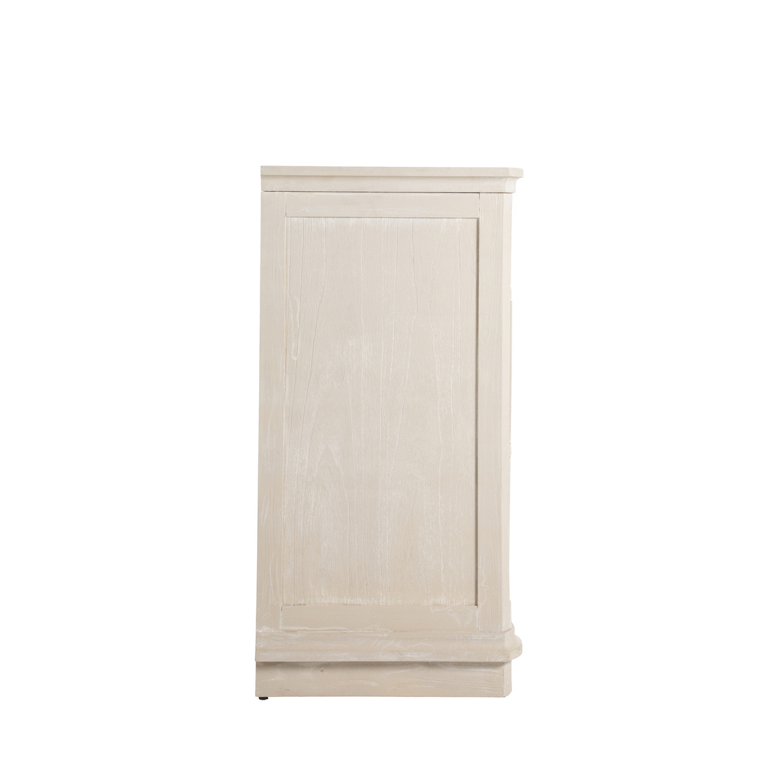 side view of six drawer dresser with rippled facade in cerused white finish