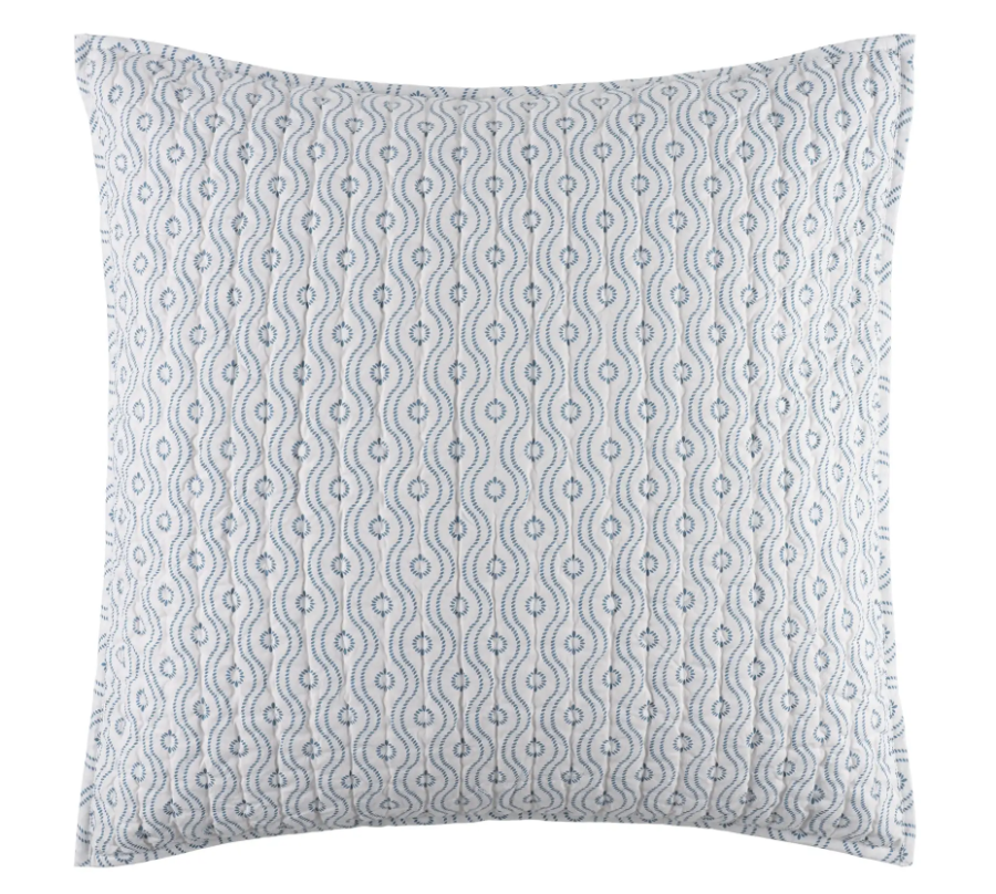 blue block print euro sham, dotted wave, coastal
