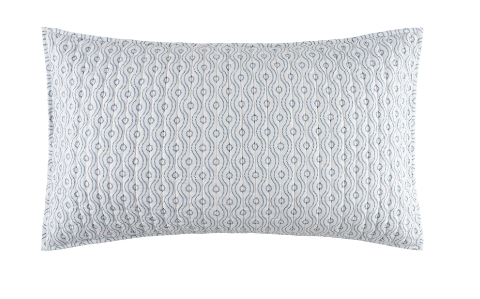 blue block print king sham, dotted wave, coastal