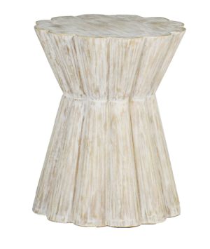 side table with scalloped edges and light washed wood finish, sold by GDC Home in Charleston
