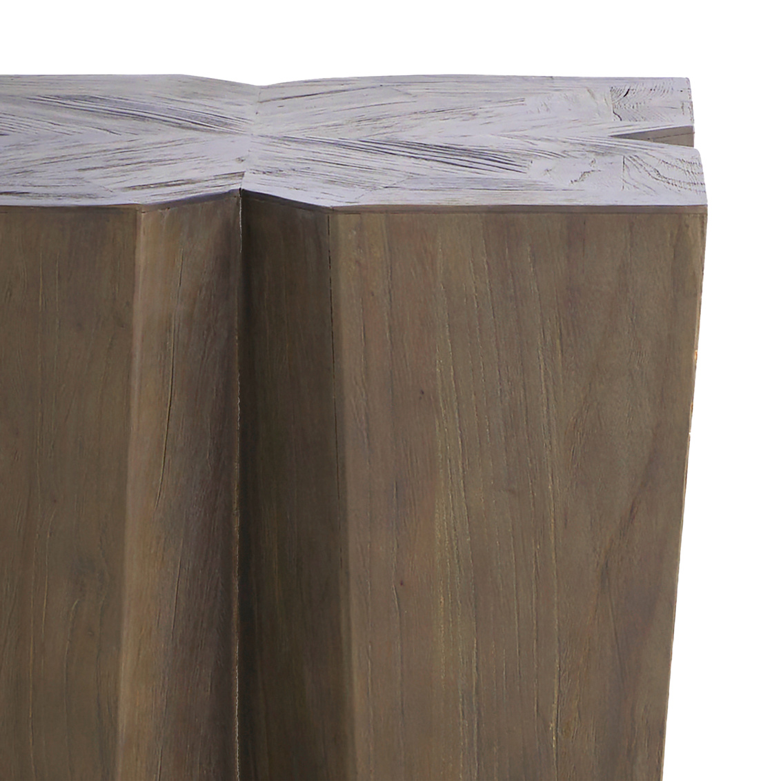 detail of side table with geometric design, reclaimed wood, sold by GDC Home in Charleston, SC