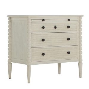 three drawer low profile dresser with linen front drawers in antique white finish, dark antique bronze hardware