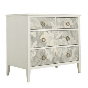 four drawer chest in antique painted white finish and neutral floral fabric door fronts, Sold by GDC Home in Charleston, SC
