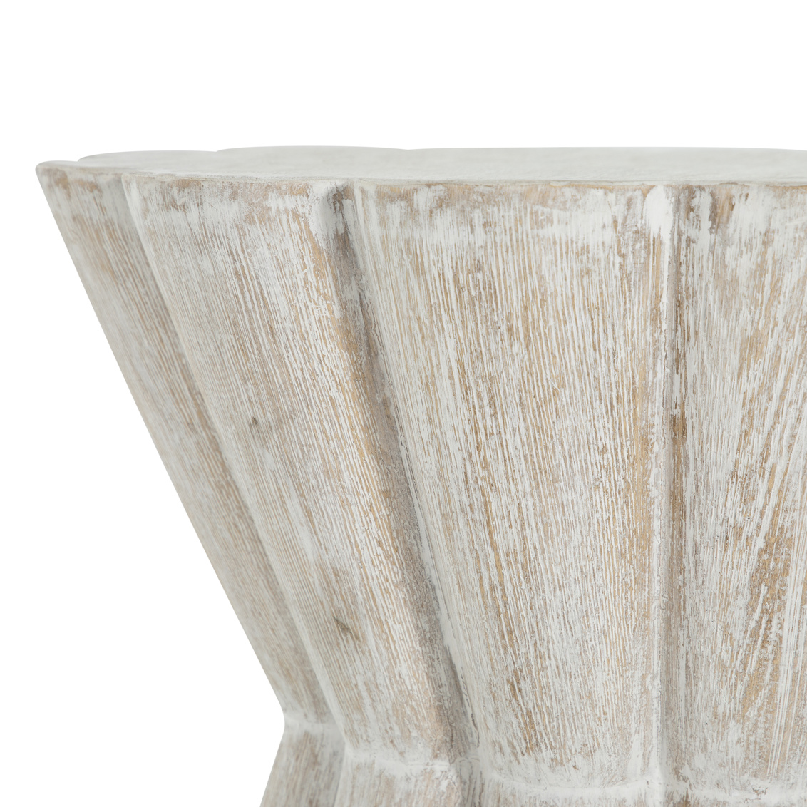 detail of side table with scalloped edges and light washed wood finish, sold by GDC Home in Charleston
