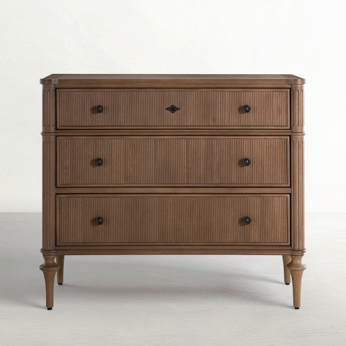 three drawer dresser, oak finish, pencil rib drawer fronts, antique brass accents, sold by GDC Home in Charleston, SC