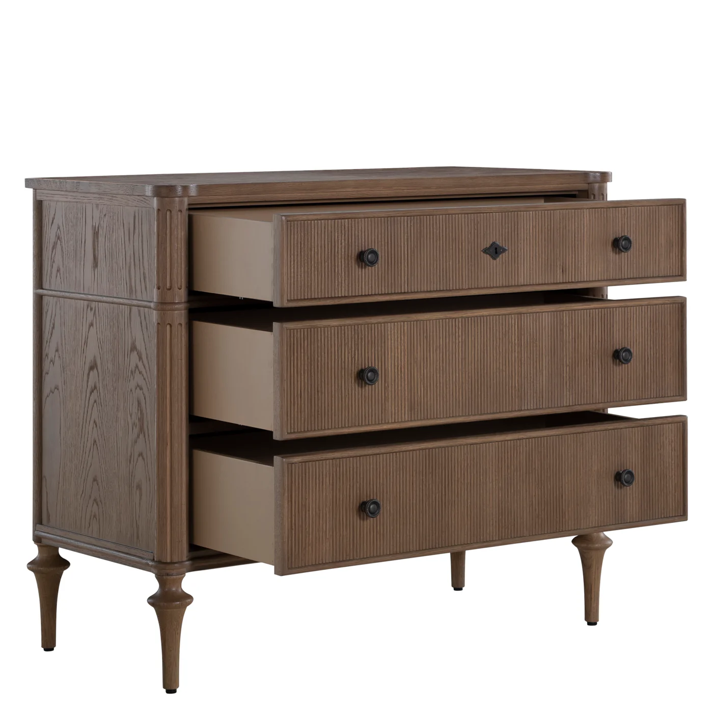 three drawer dresser with open drawers, oak finish, pencil rib drawer fronts, antique brass accents, sold by GDC Home in Charleston, SC