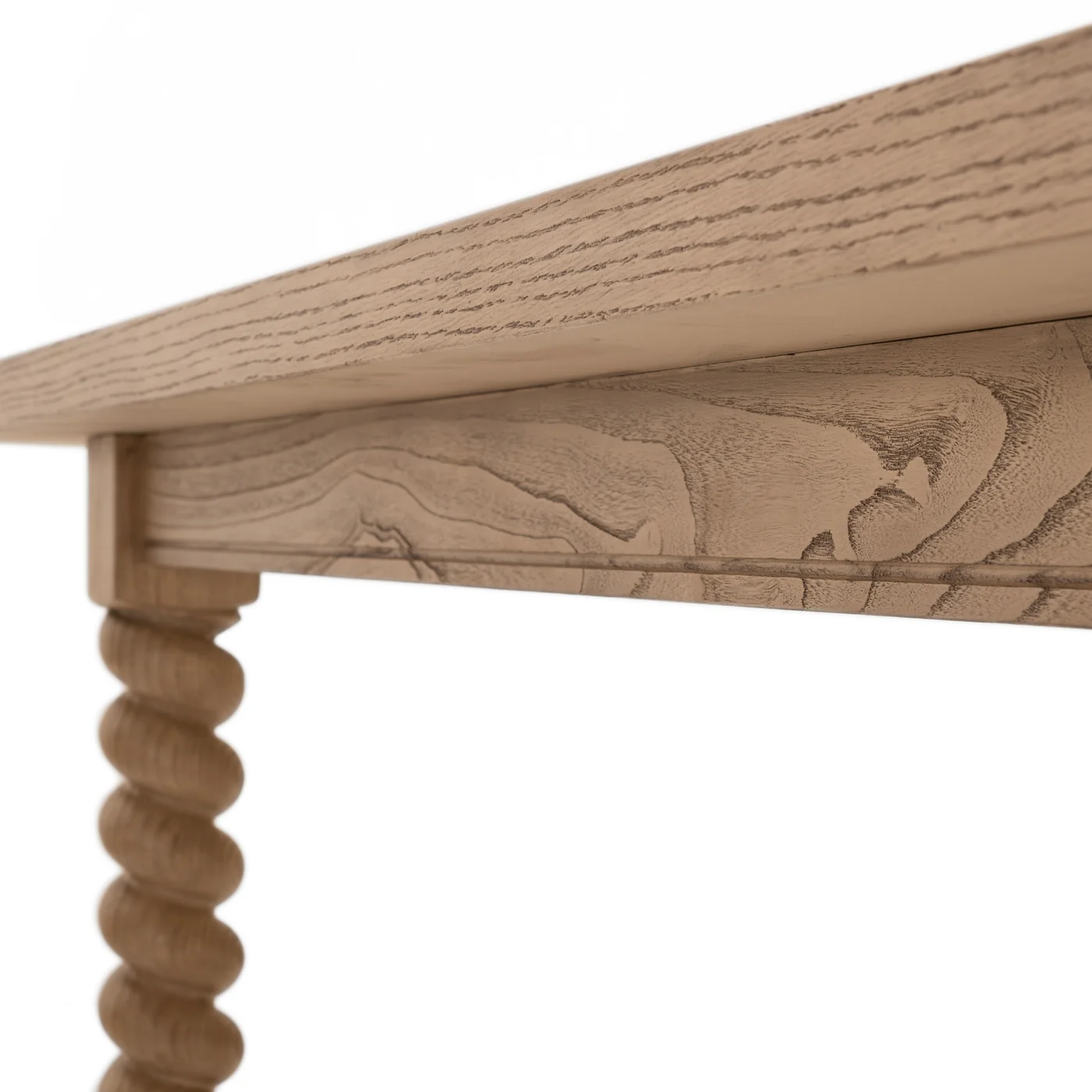 detaill of 84" dining table with turned legs in light blonde hue