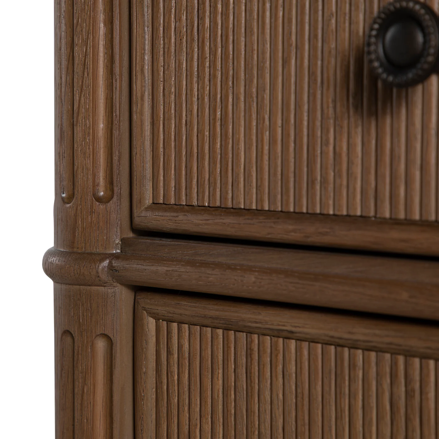 detail of three drawer dresser, oak finish, pencil rib drawer fronts, antique brass accents, sold by GDC Home in Charleston, SC