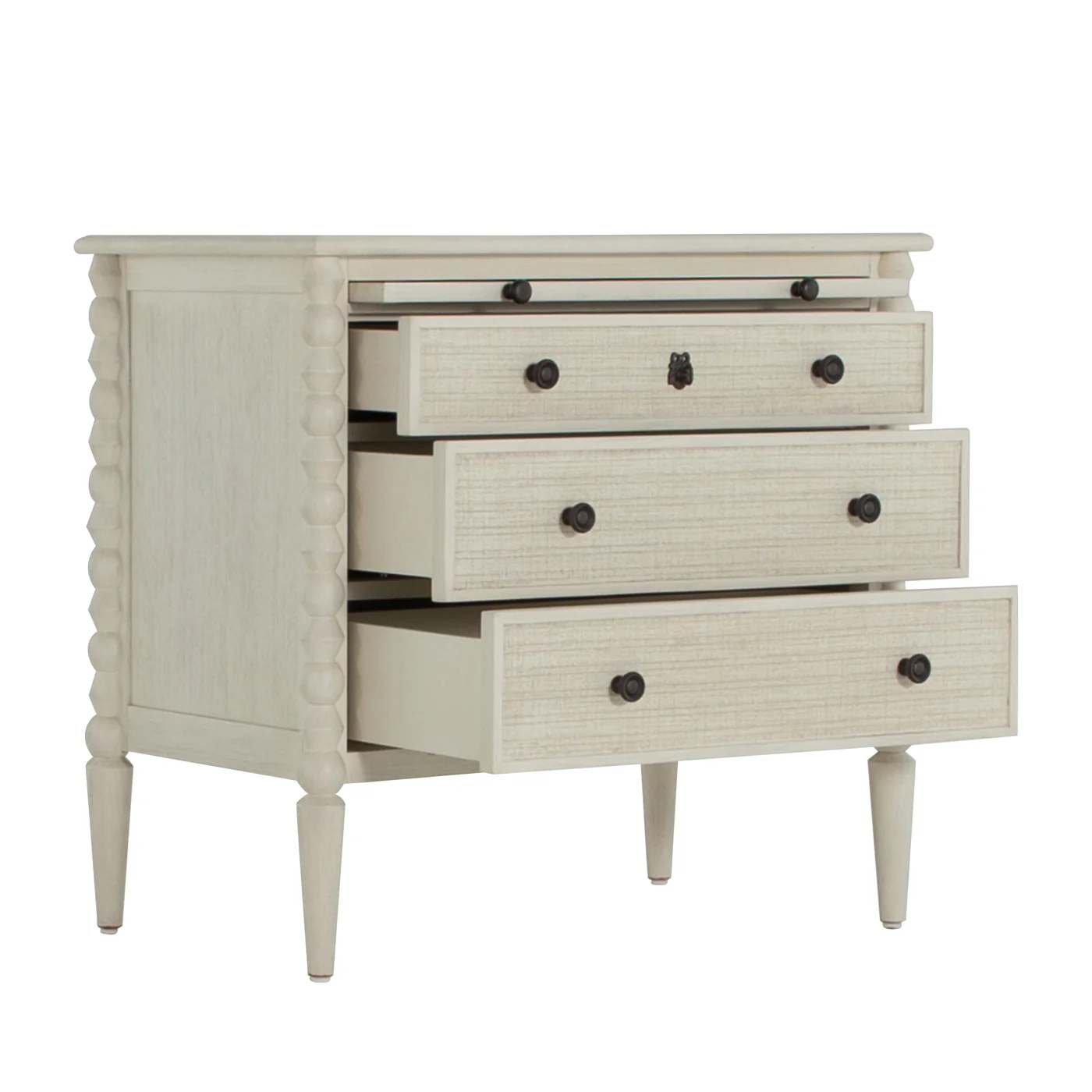 three drawer low profile dresser with linen front drawers in antique white finish, dark antique bronze hardware