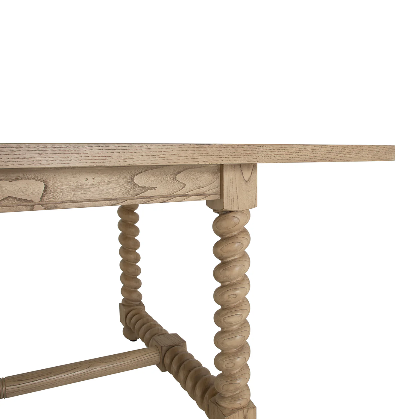 detaill of 84" dining table with turned legs in light blonde hue