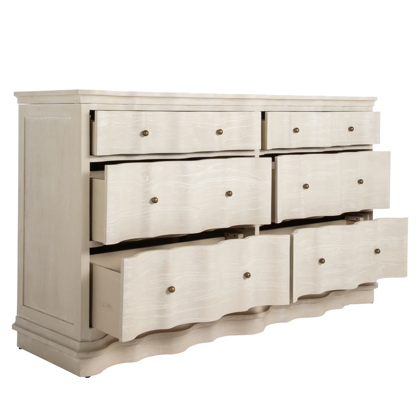drawers open on six drawer dresser with rippled facade in cerused white finish