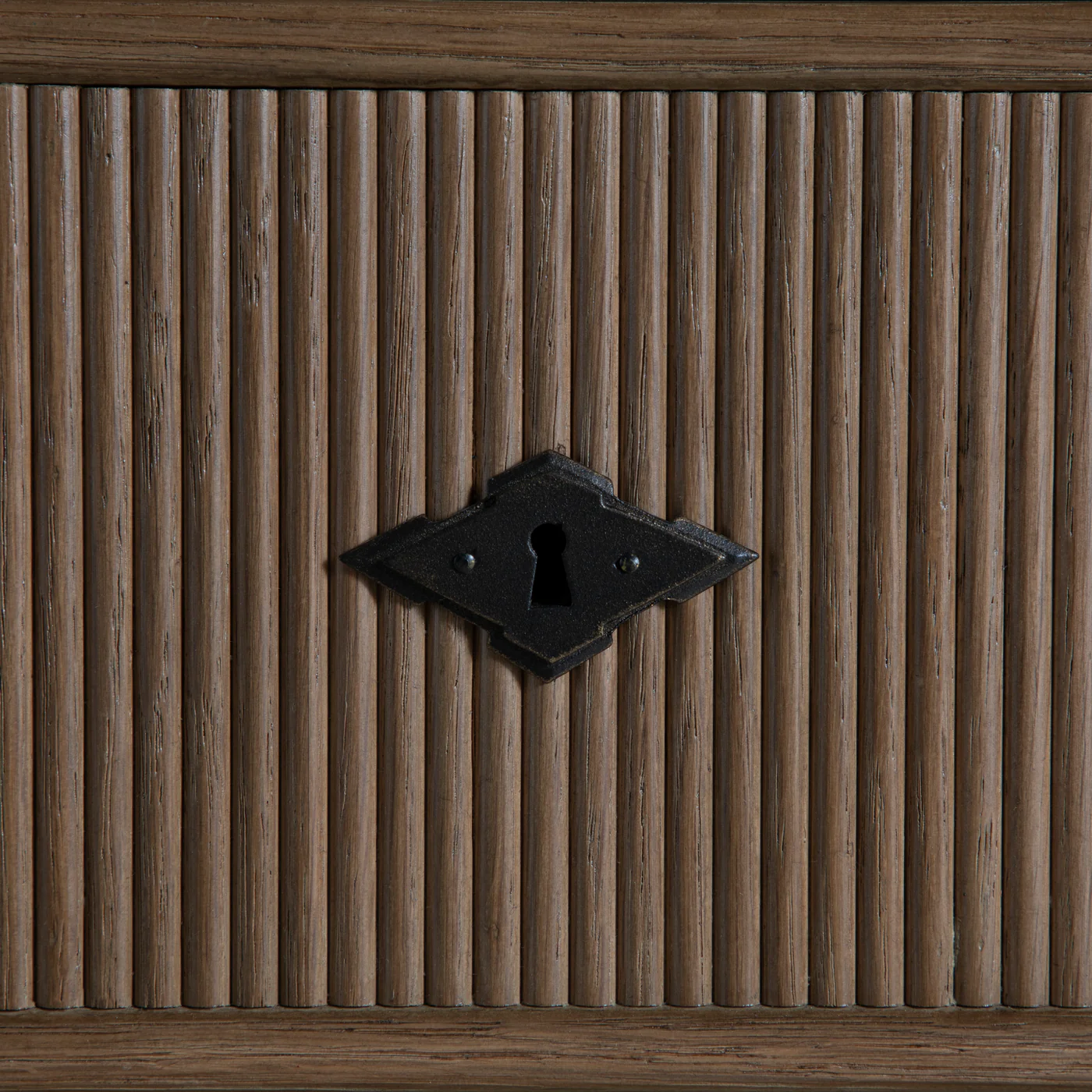 detail of three drawer dresser, oak finish, pencil rib drawer fronts, antique brass accents, sold by GDC Home in Charleston, SC