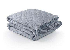 pinstripe linen quilt with ruffled edges in french blue