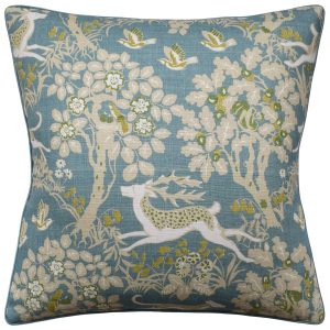 decorative pillow featuring woodland creatures and forest motif in teal, green, and natural