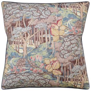 woodland inspired decorative pillow featuring muted dusty mauve and taupe background with soft blue, sage green, cream, blush pink, and warm golden-yellow accents