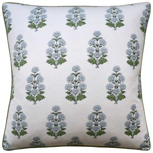 white decorative pillow with light blue and green floral print