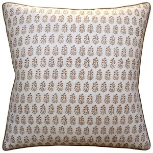 decorative pillow featuring a repeating botanical print in warm brown on a soft ivory background