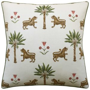 decorative pillow featuring a repeat of a palm tree with two tigers and a red floral morif