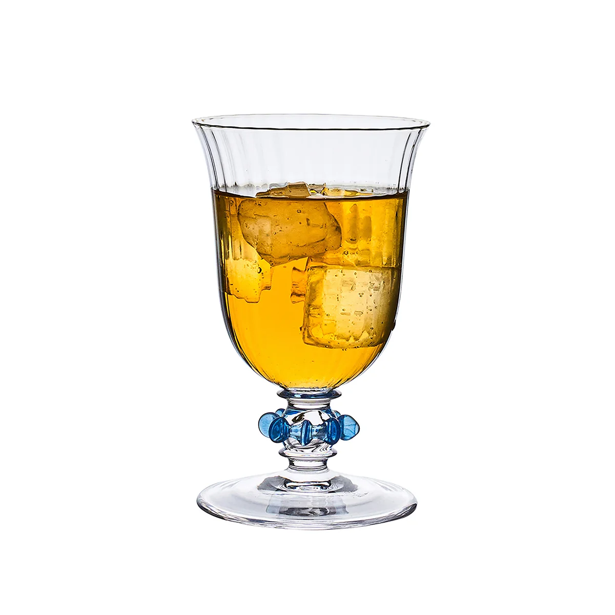 goblet glass with tulip shaped silhouette and jewelry-like glass ruffle in blue shown with iced tea