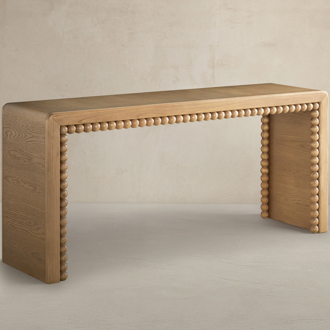 bobbin trim console table in light wood finish
