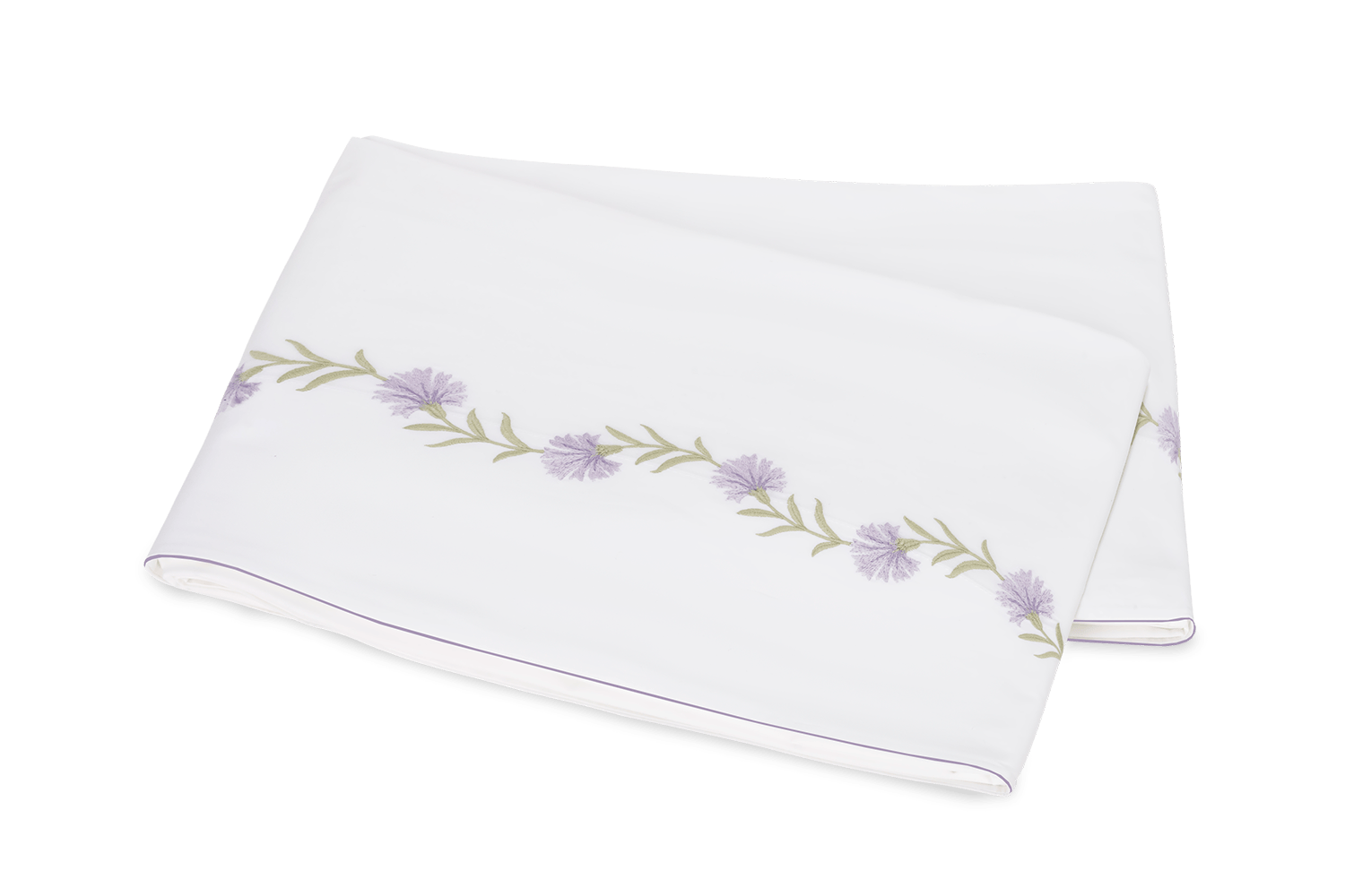 folded white flat sheet with lilac floral vine embroidery