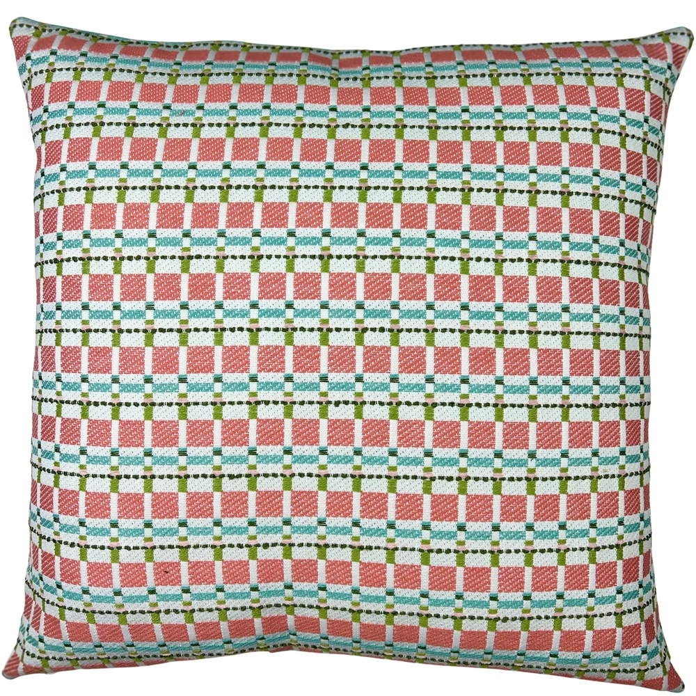 Coral, aqua and green plaid throw pillow with woven windowpane pattern