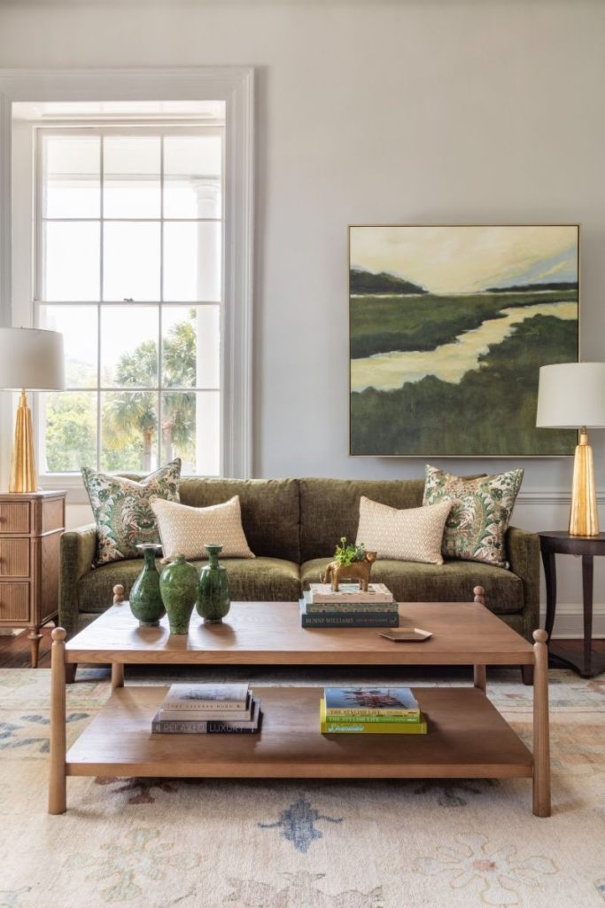Custom upholstered sofa in a settee sofa style in Charleston, SC, demonstrating the difference between a sofa vs. settee vs. sectional