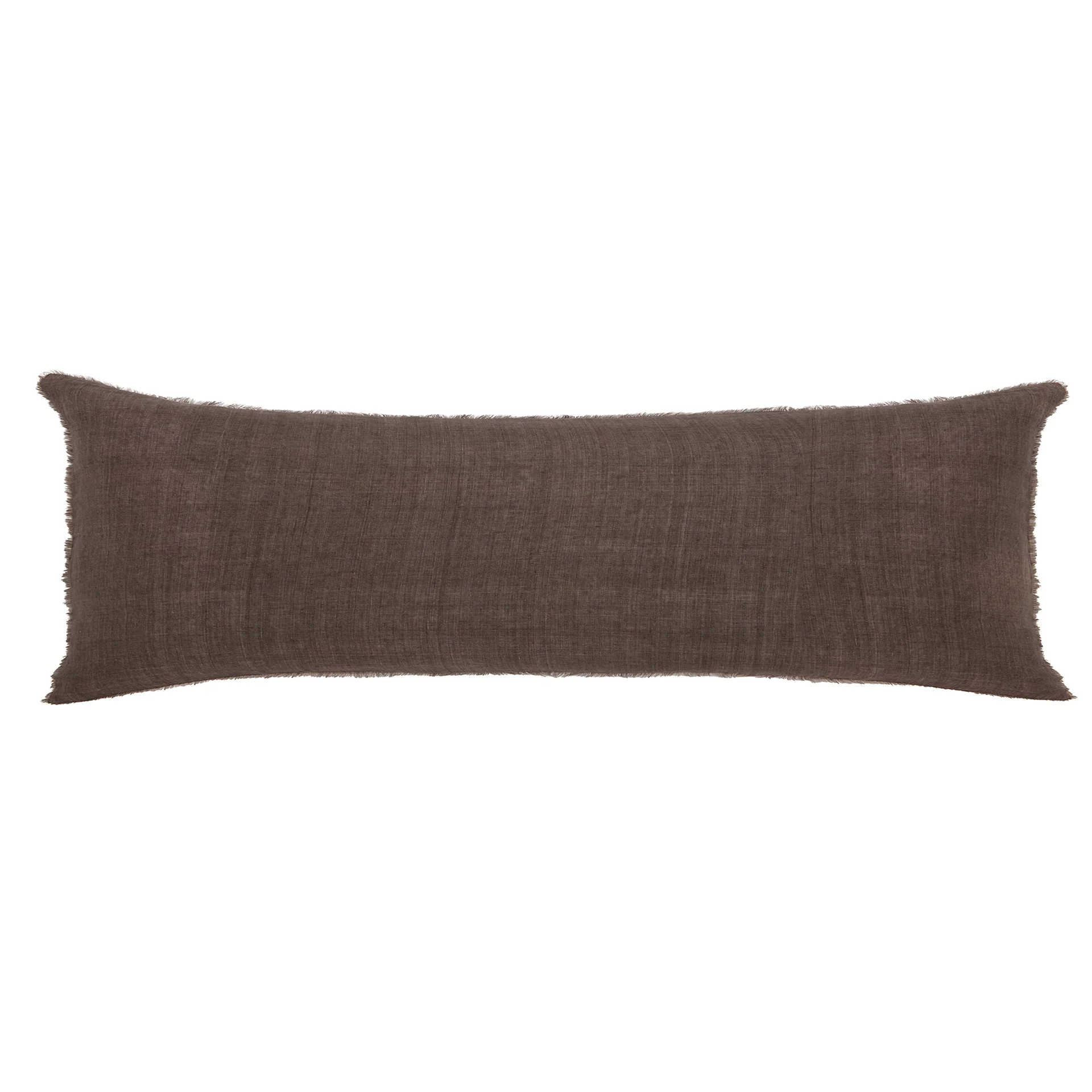 extra long decorative lumbar pillow in dark brown linen with eyelash fringe