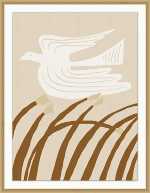 abstract art of bird in a meadow, neutral colors, framed with mat