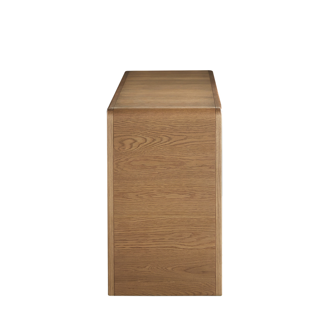 side view of bobbin trim console table in light wood finish