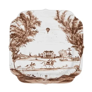 square serving platter with idyllic country scene painted in rich sepia hues