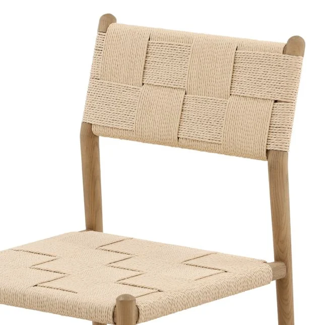 detail of dining chair with a wood frame and woven paper cord seat and back
